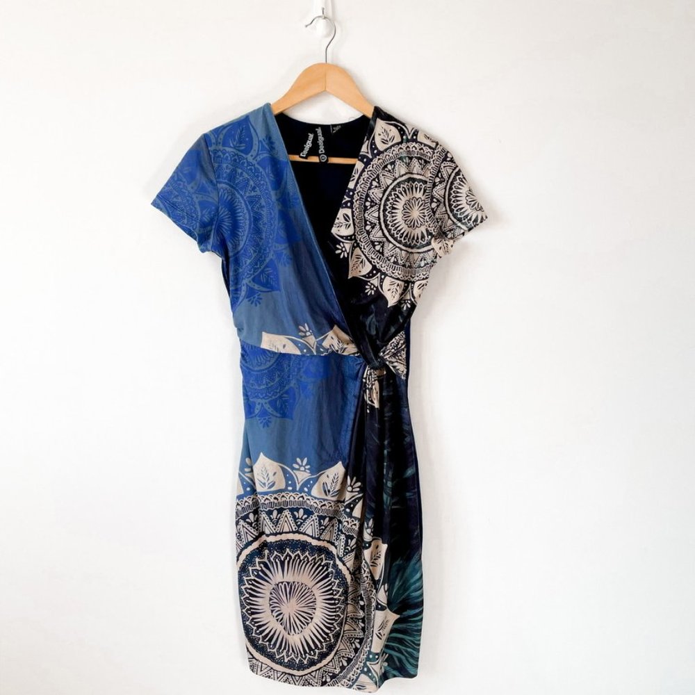 Desigual Blue Boho Print Side Wrap Short Sleeve Dress Sz M